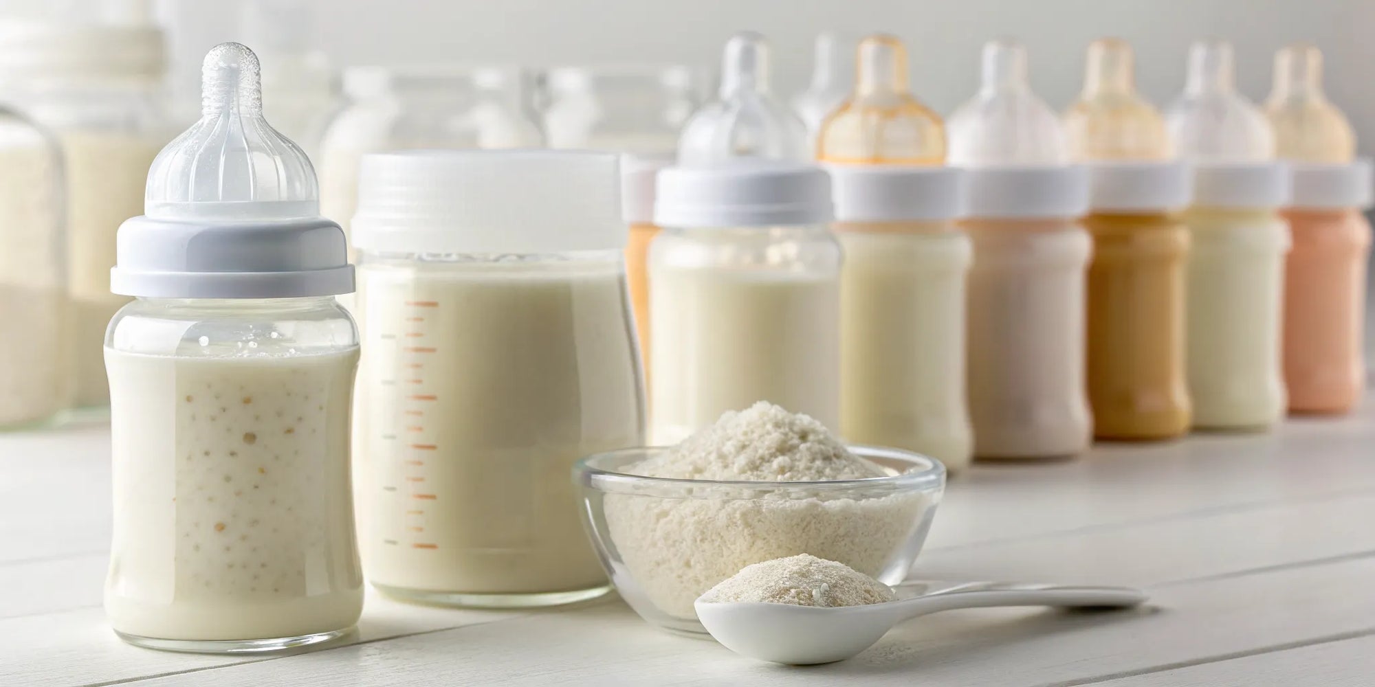 A bowl of powder and prepared bottles of the cleanest baby formula.