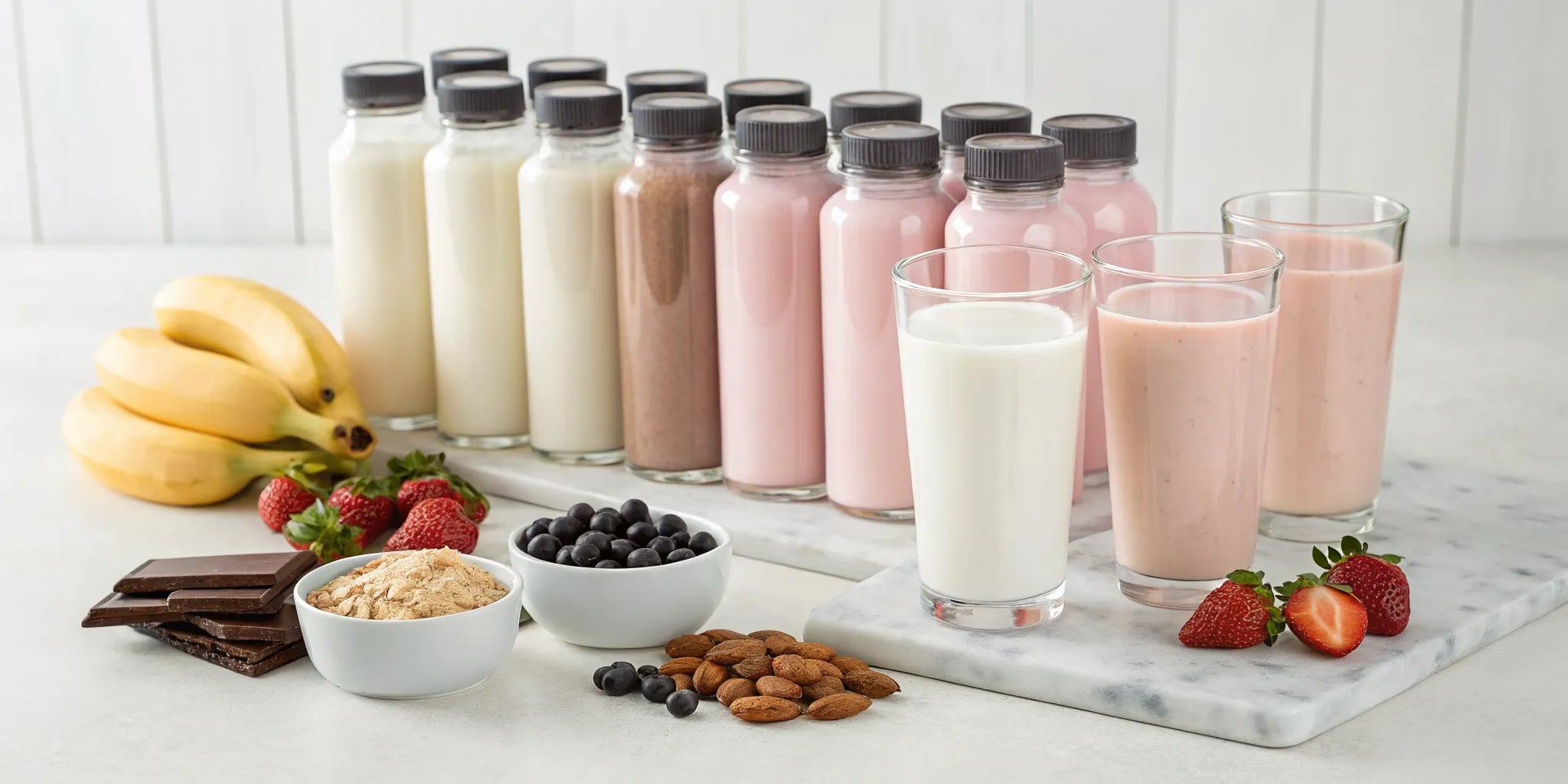 A selection of protein drinks for kids in different flavors like chocolate and fruit.