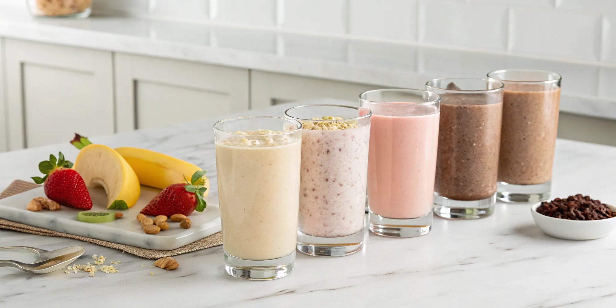 A variety of allergy-friendly weight gain shakes for kids, served with fresh fruit.