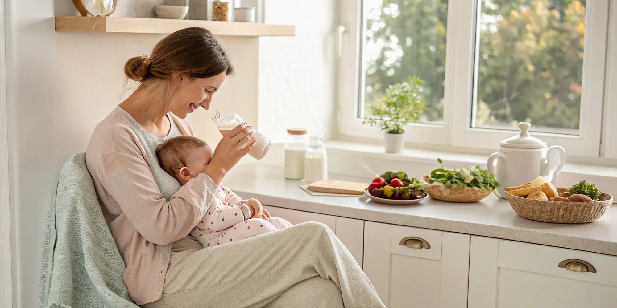 Mother feeding her baby with a bottle of anti colic baby formula for gas and reflux.