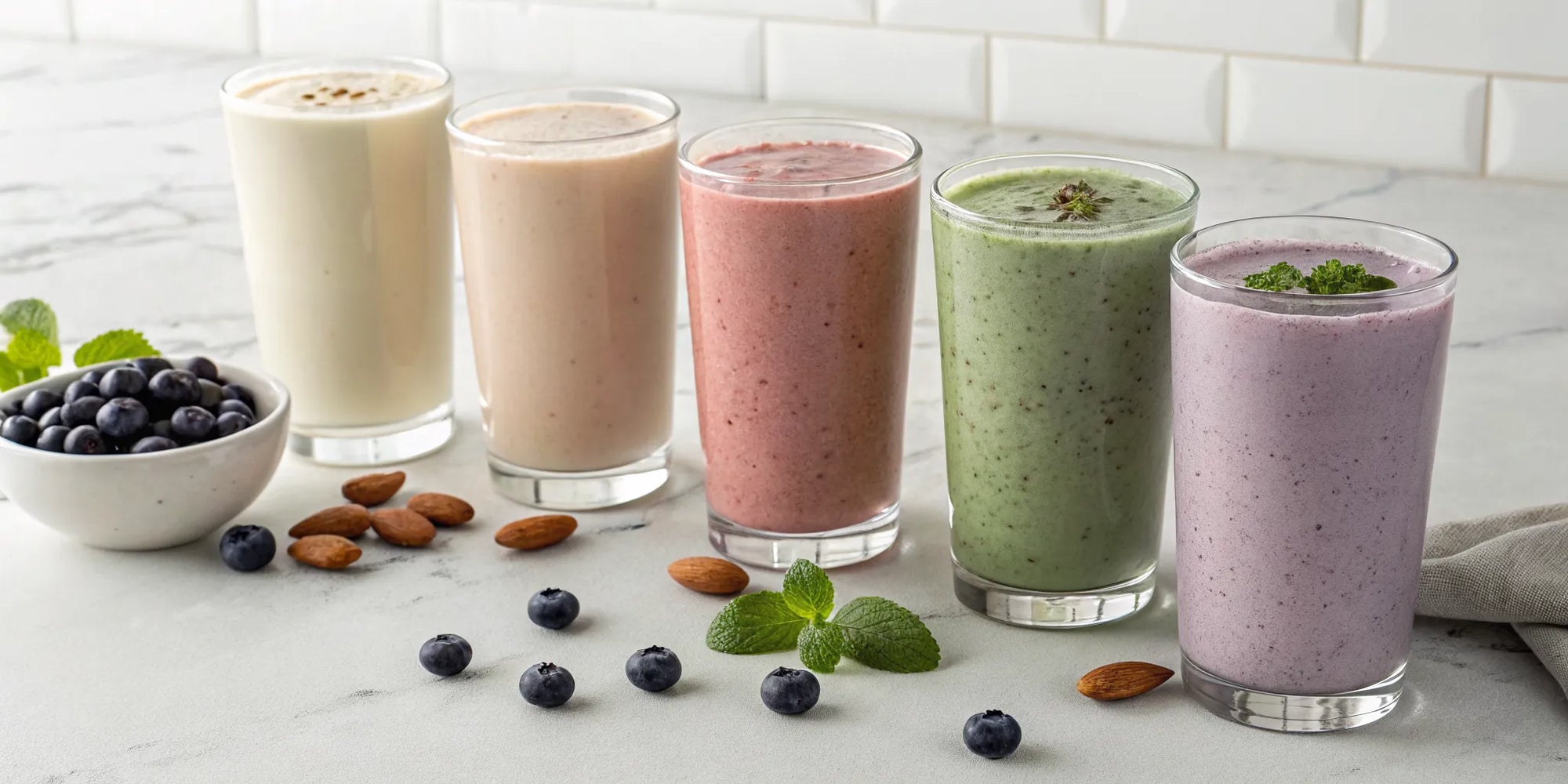 Five colorful dairy-free nutrition shakes for picky eaters with a dairy allergy.