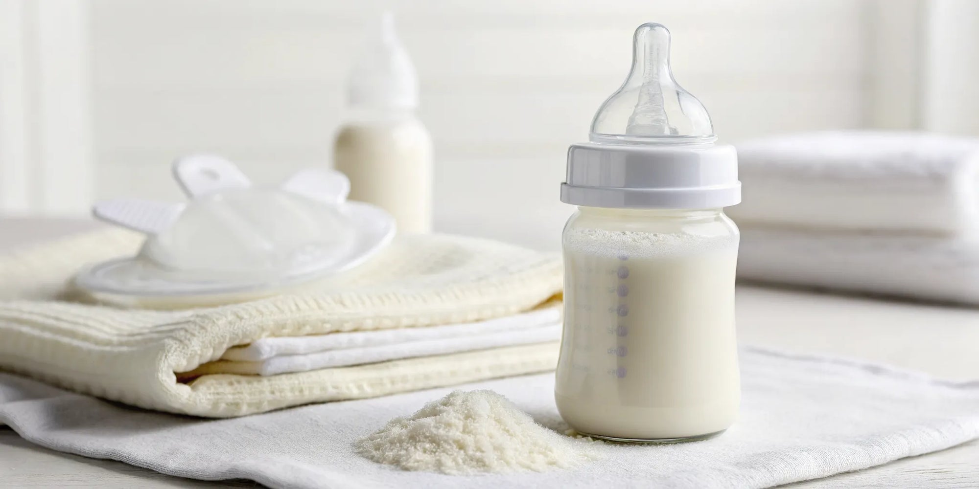 A baby bottle and scoop of one of the best infant formulas for a sensitive stomach.