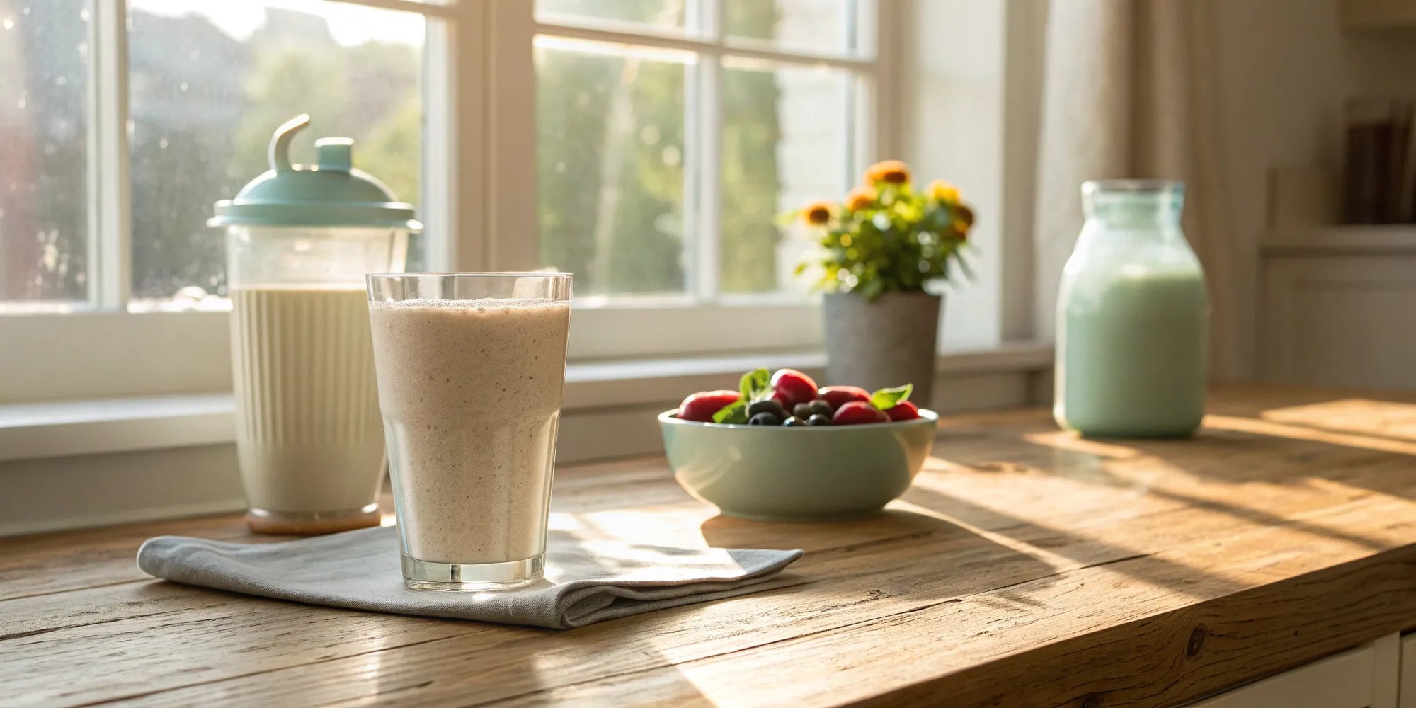 A healthy kids protein shake with milk and fresh berries for growing bodies.