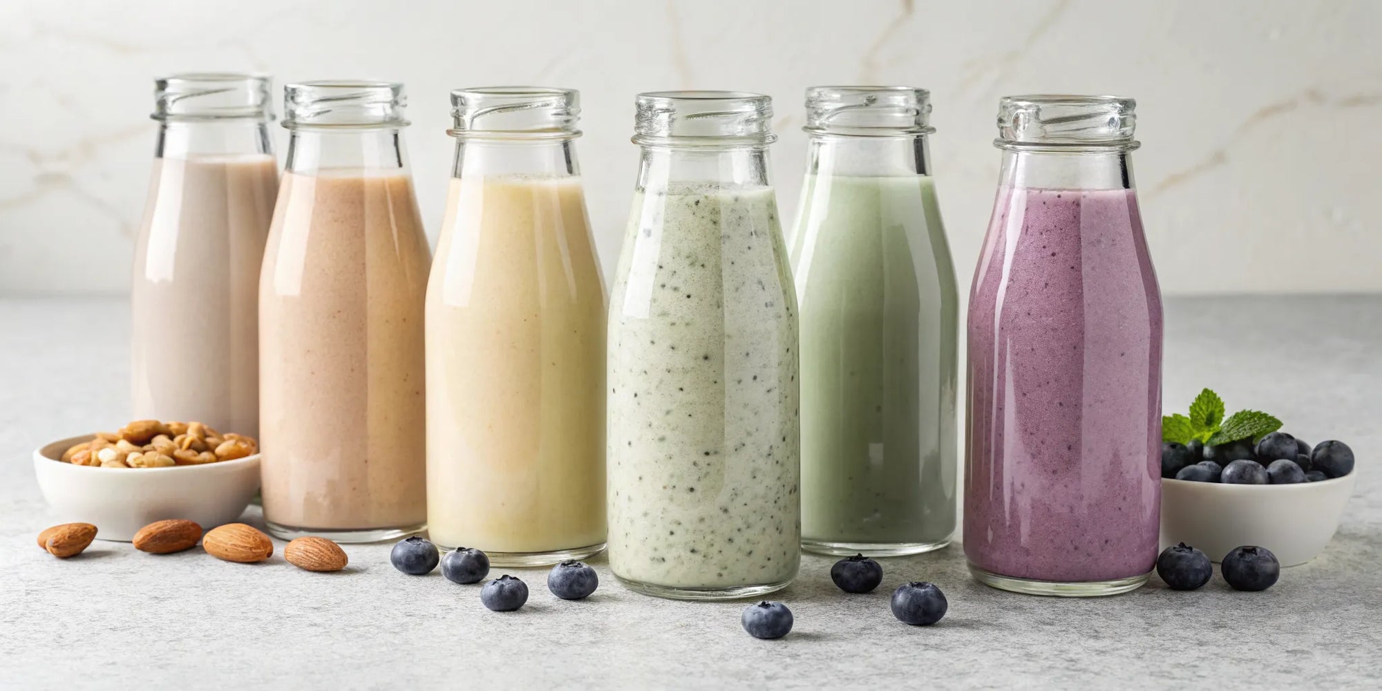 Plant-based nutritional shakes in glasses, one of the best options for sensitive stomachs.