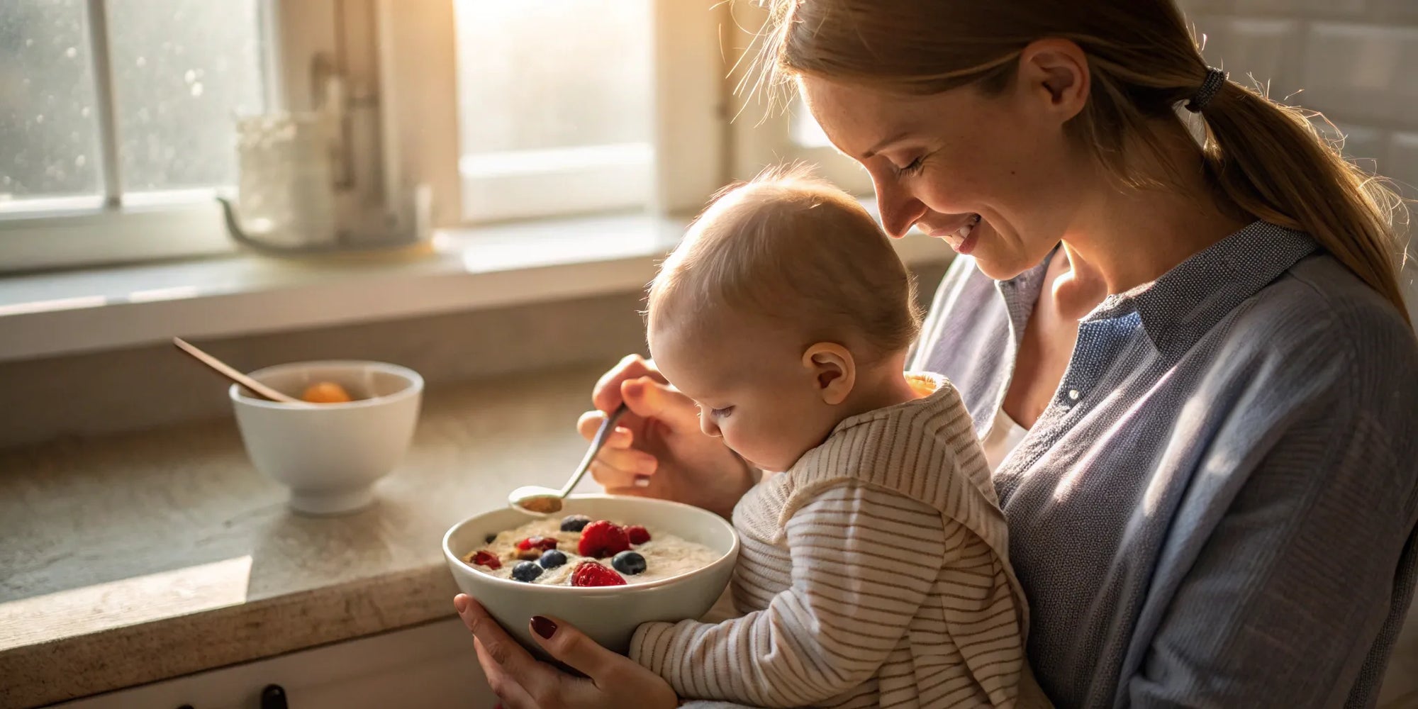 Mother feeding her baby a bowl of the best organic baby cereal with berries.