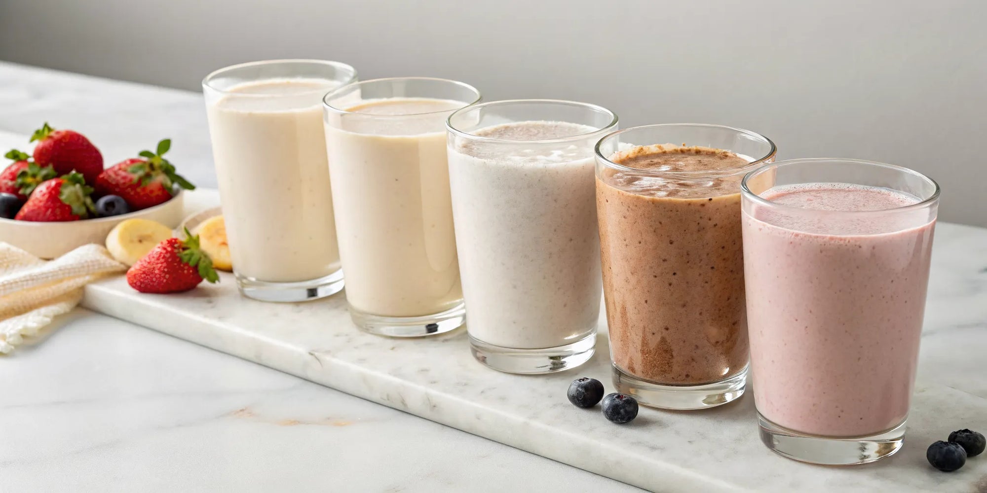 Five colorful whole food nutrition shakes for kids with no corn syrup.