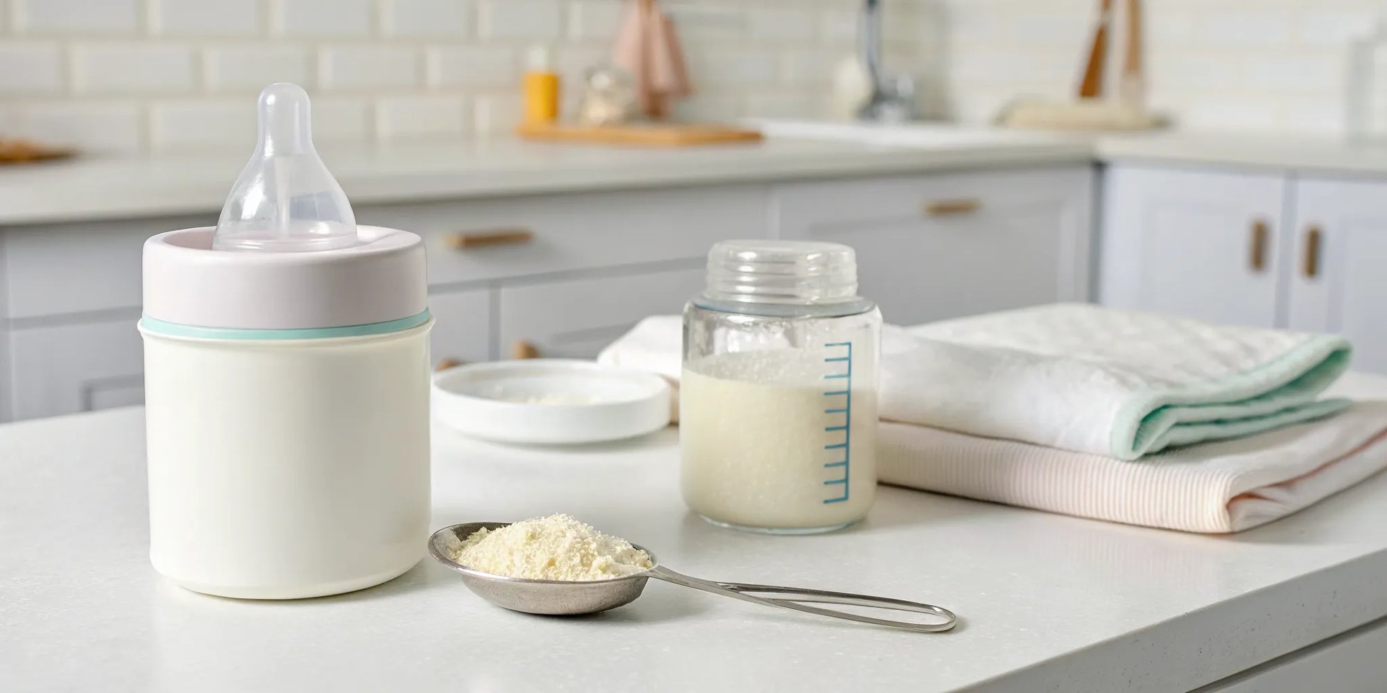 A bottle of baby formula prepared to help with colic and nonstop crying.