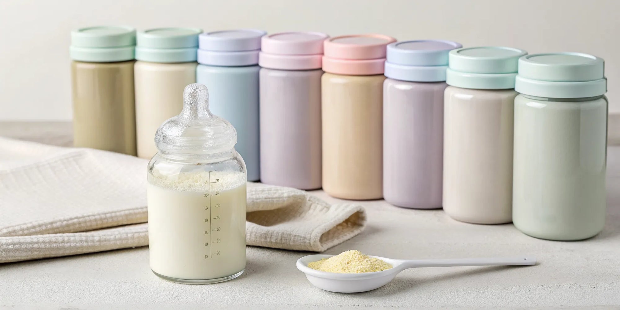A container and bottle of the best baby formula for colic.
