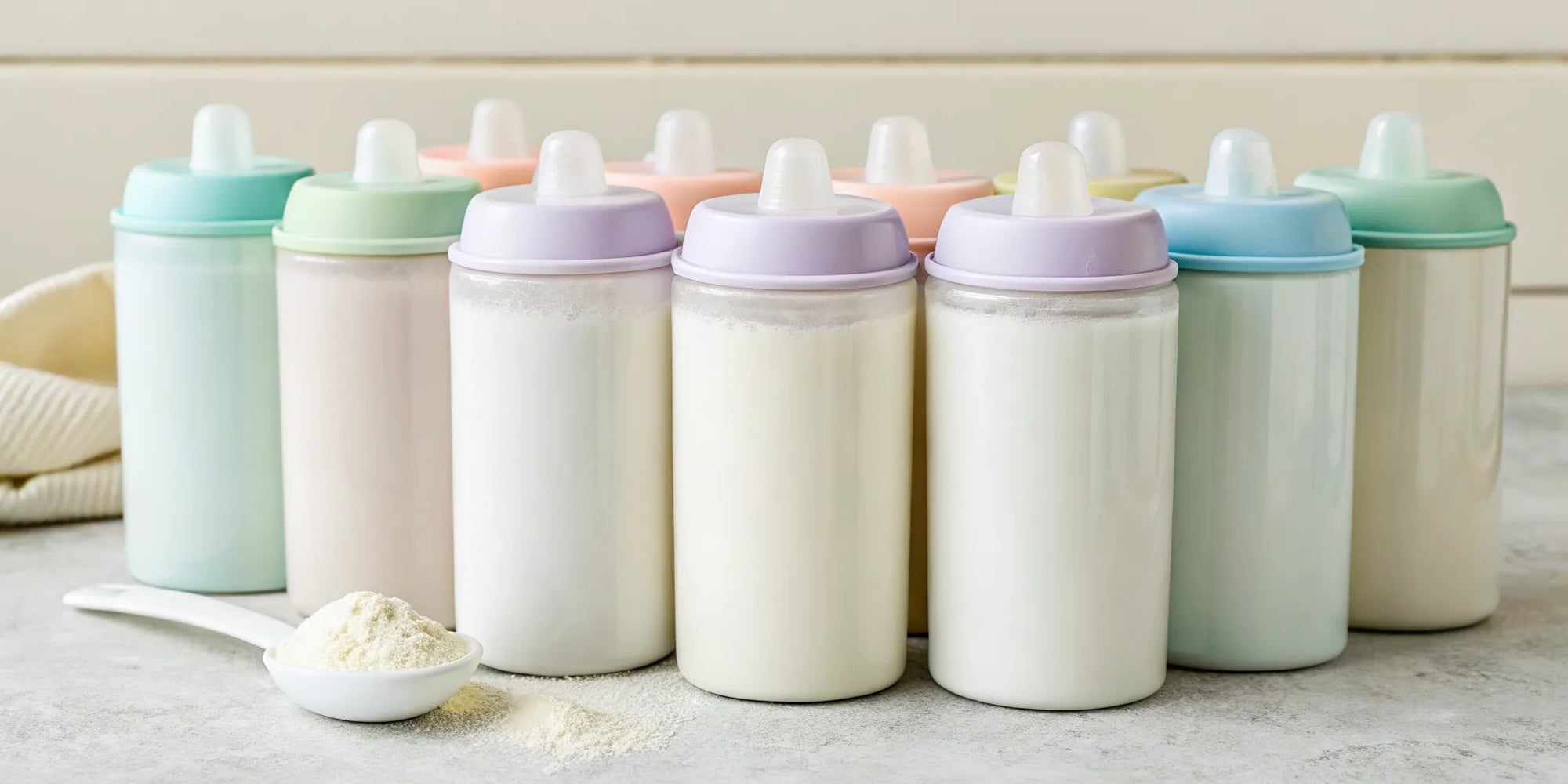 A spoonful of gentle toddler formula powder next to bottles with pastel lids.