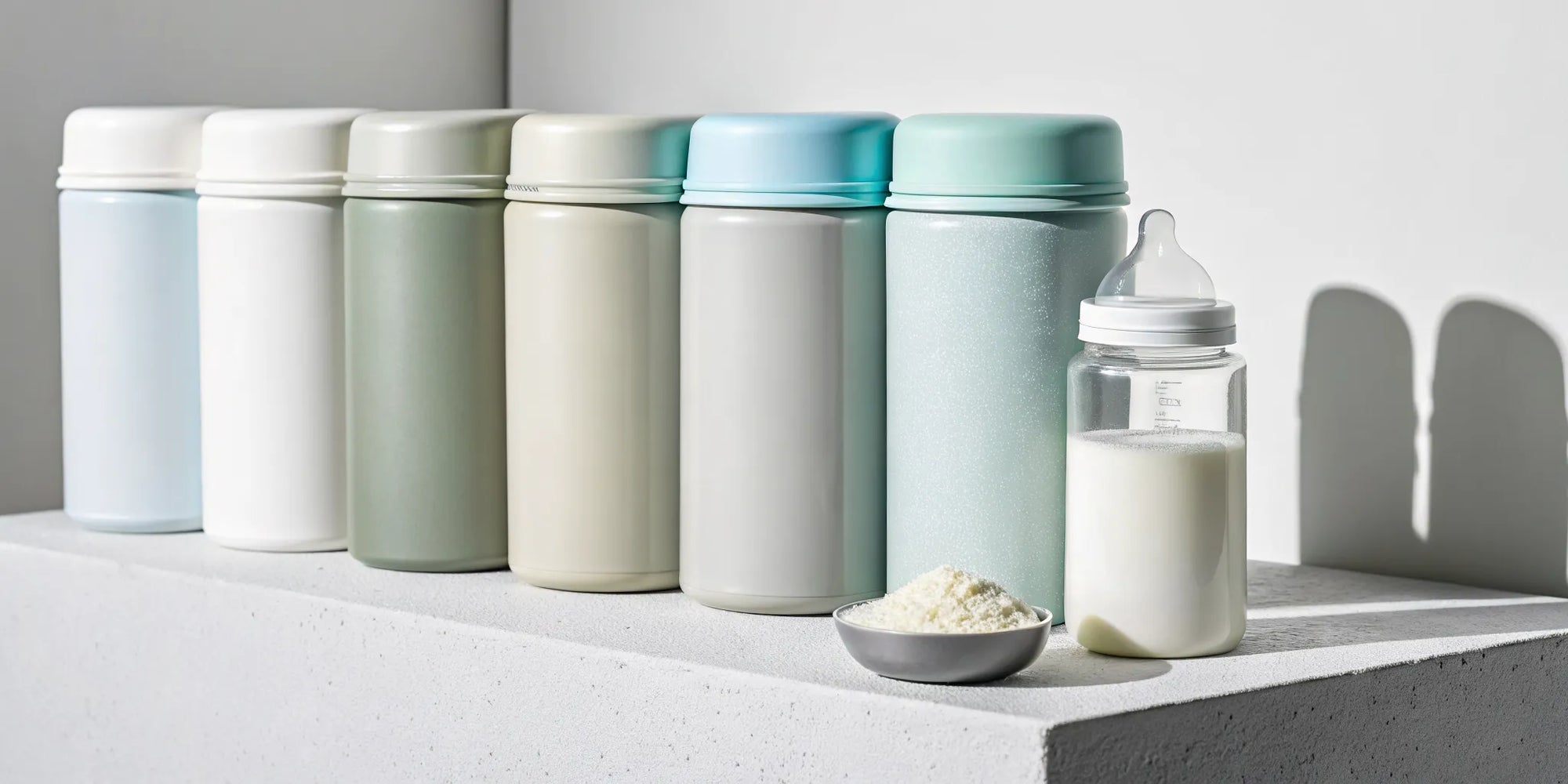 Various brands of soy free baby formula with a prepared bottle and scoop.