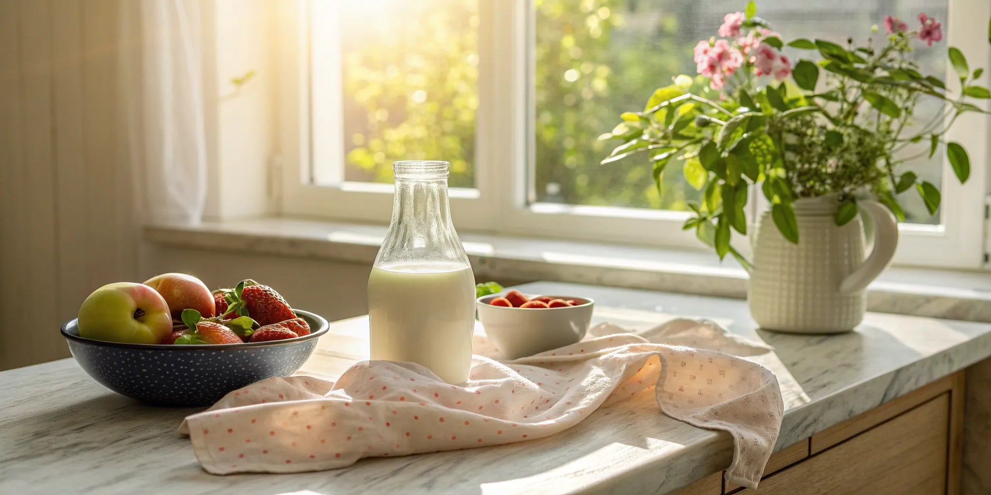 A bottle of the best toddler formula for a sensitive stomach on a kitchen counter.