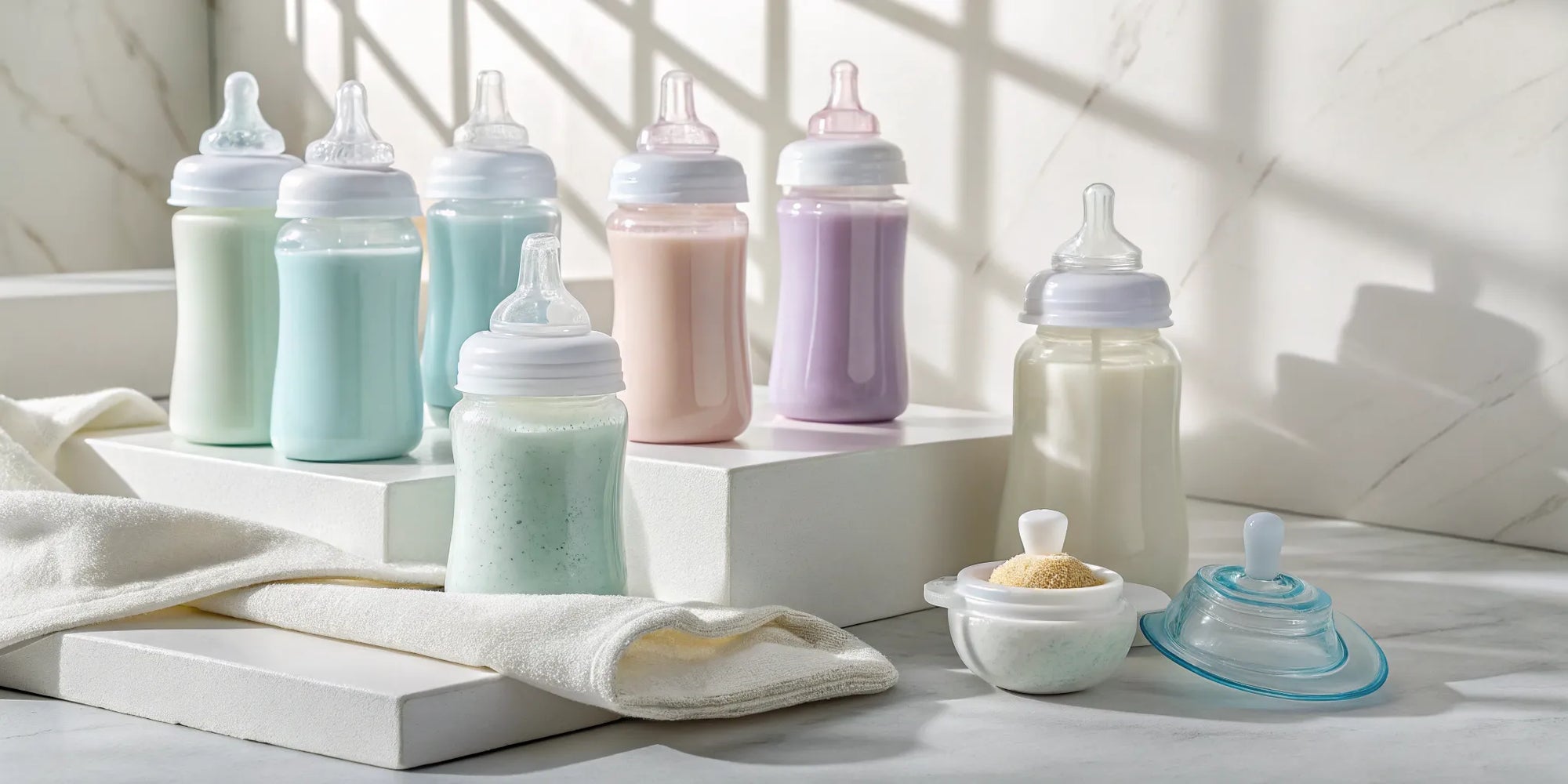Bottles of the best gentle baby formula for sensitive tummies.