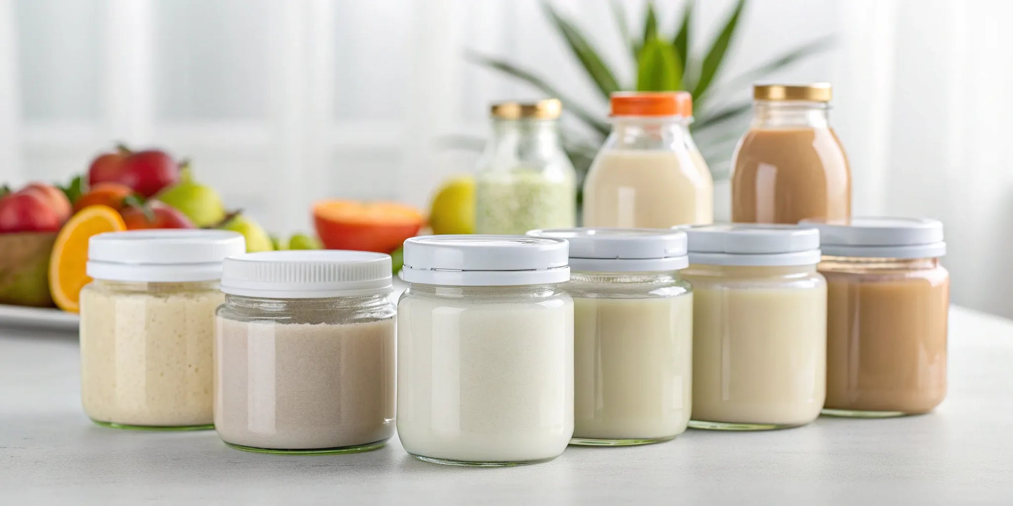 A collection of the best organic baby formula brands on a countertop.