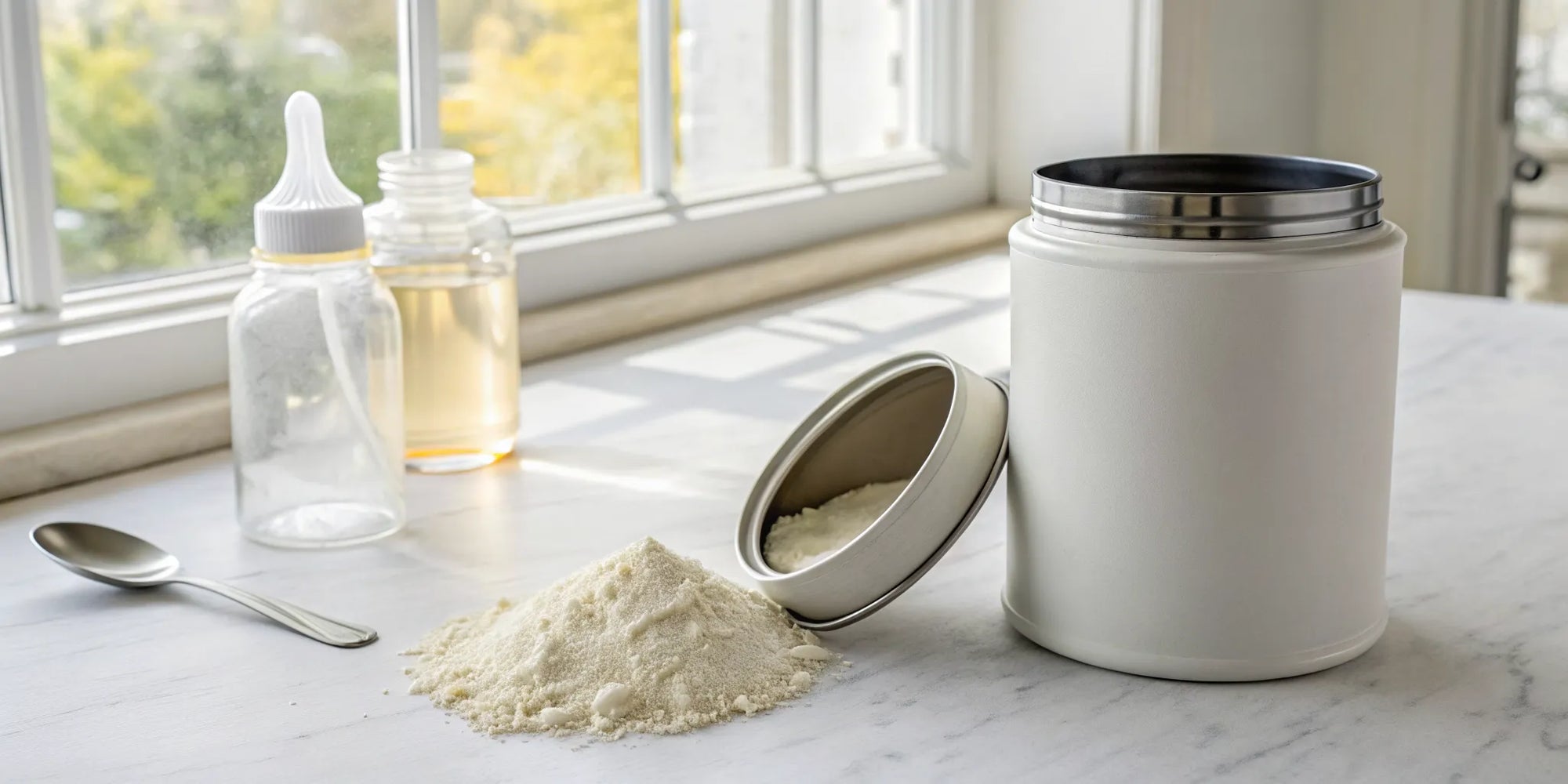 A baby bottle and formula powder on a counter, a choice with many benefits for baby.
