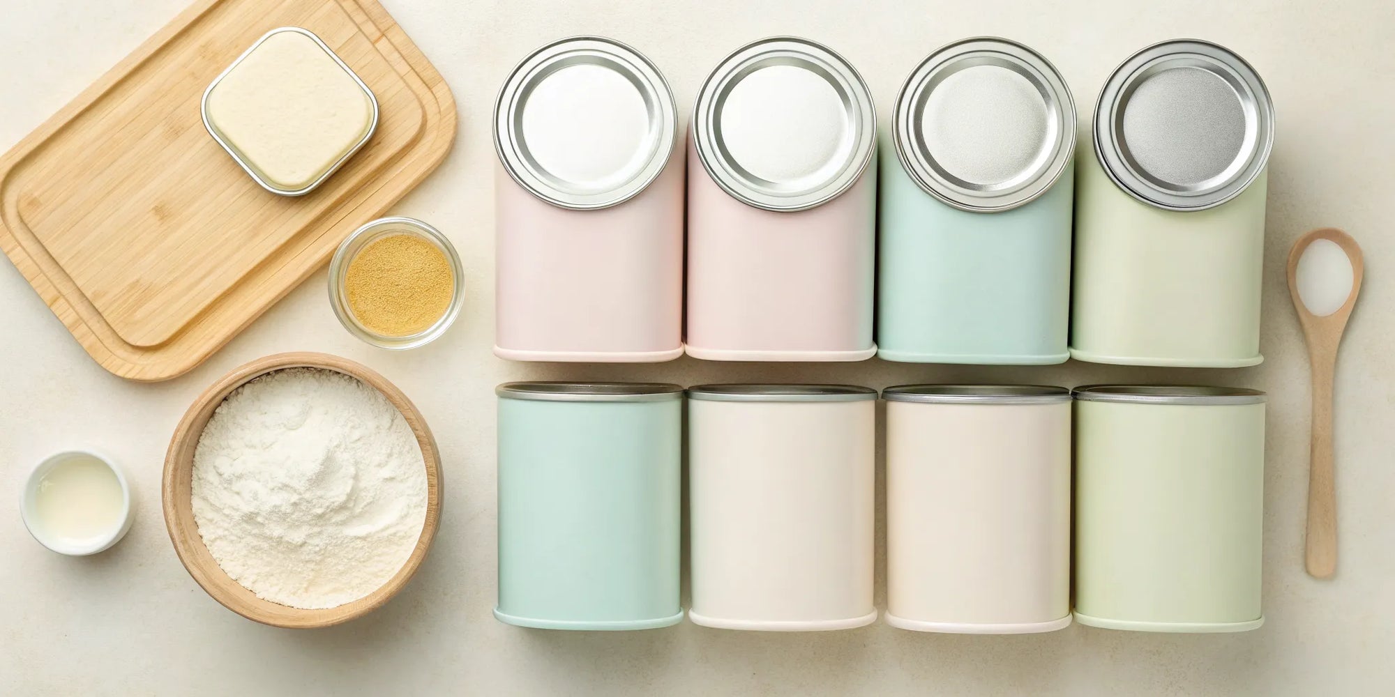 A collection of the best organic toddler formula in pastel cans with a wooden spoon.