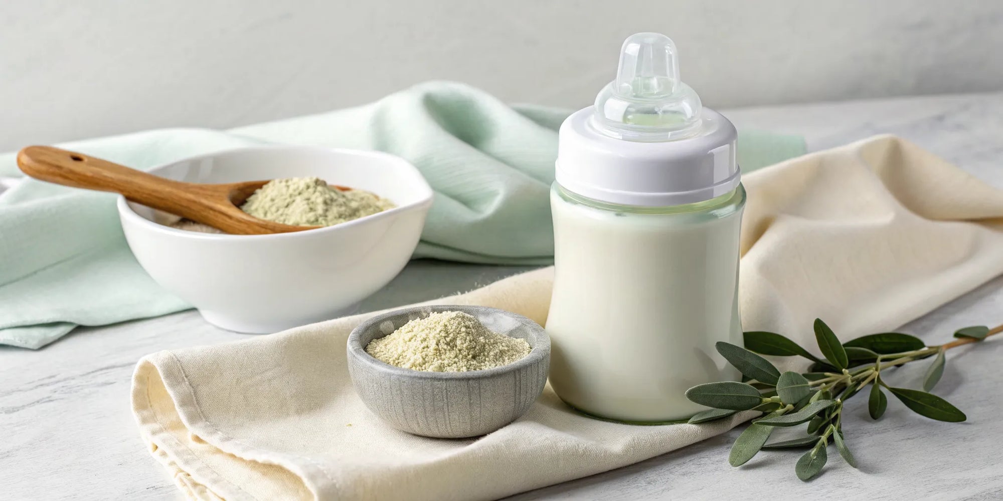 A bottle of toddler formula without corn syrup next to bowls of the powder.