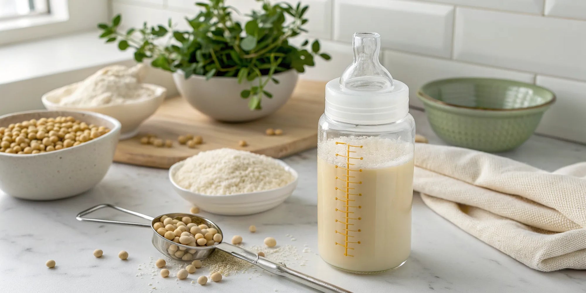 A bottle of soy-based baby formula with soybeans, a key alternative to dairy formula.