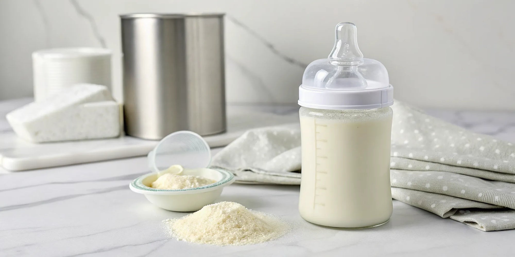 A bottle of baby formula for allergies with a scoop of powder.
