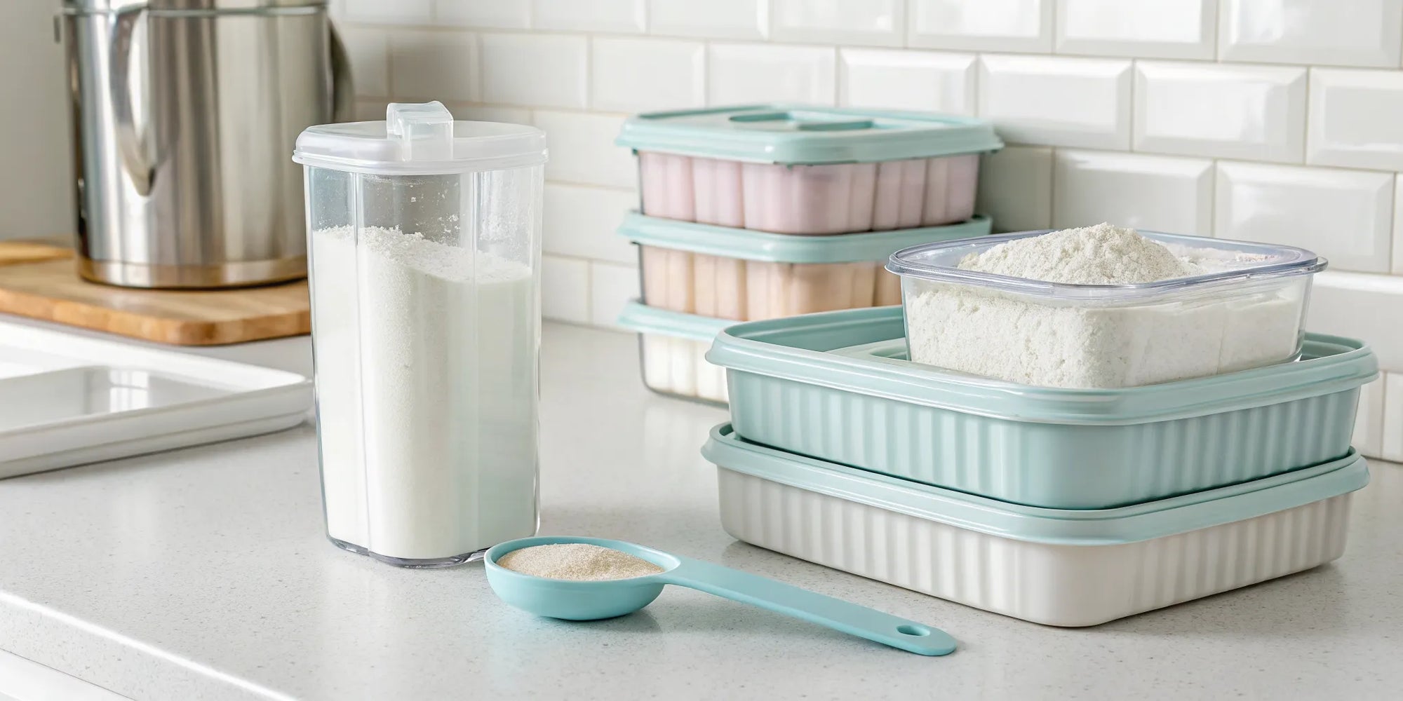 Airtight containers and dispensers for baby formula powder storage.