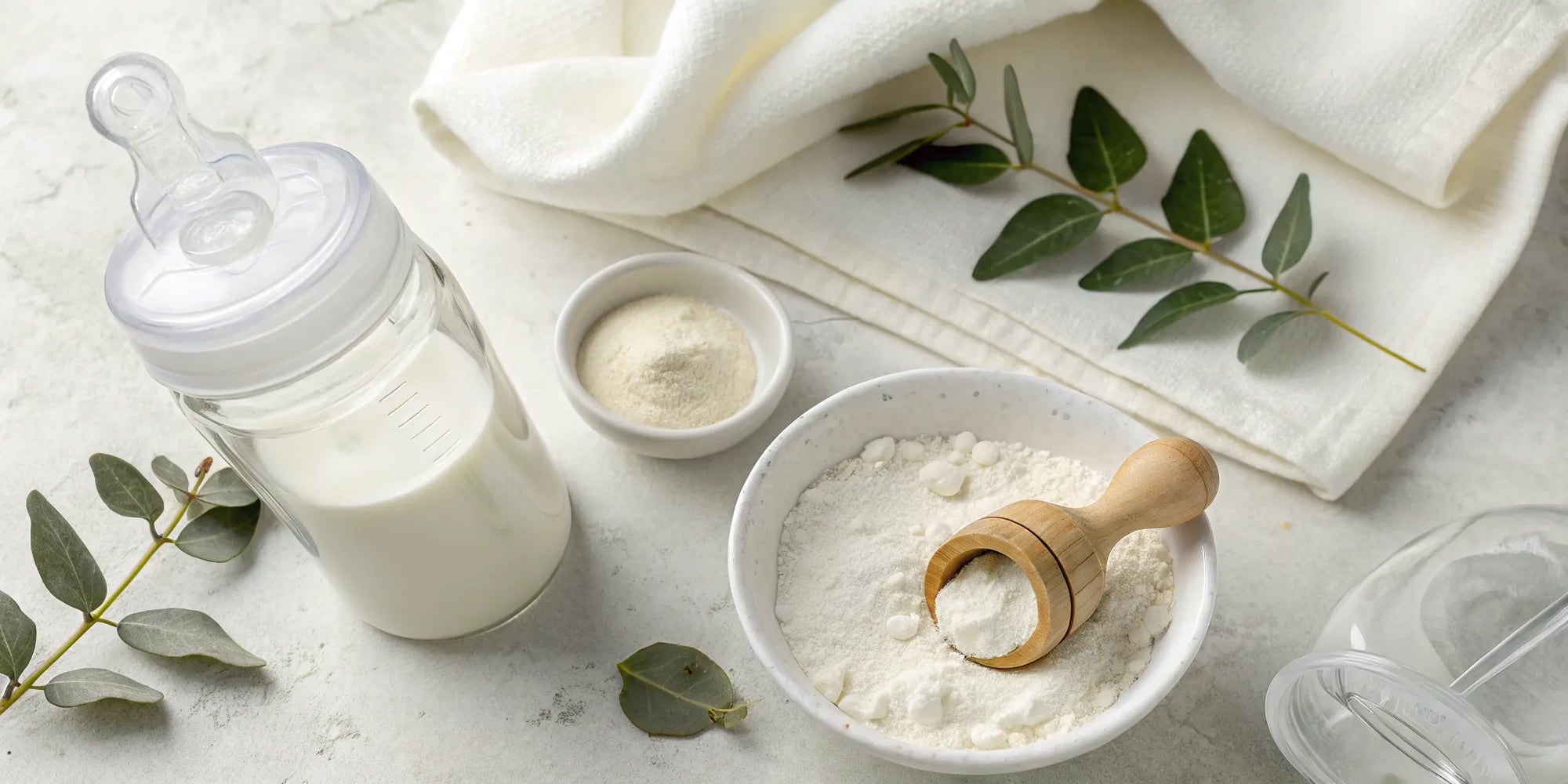 Clean ingredient baby formula powder in a scoop with a prepared bottle.