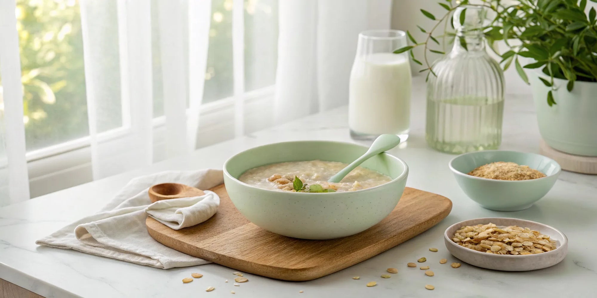 Dairy-free baby cereal in a bowl, a gentle meal for an infant with reflux.