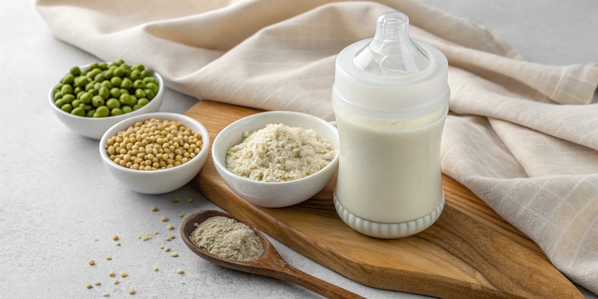 A bottle of dairy-free whole food formula for babies with its plant-based ingredients.