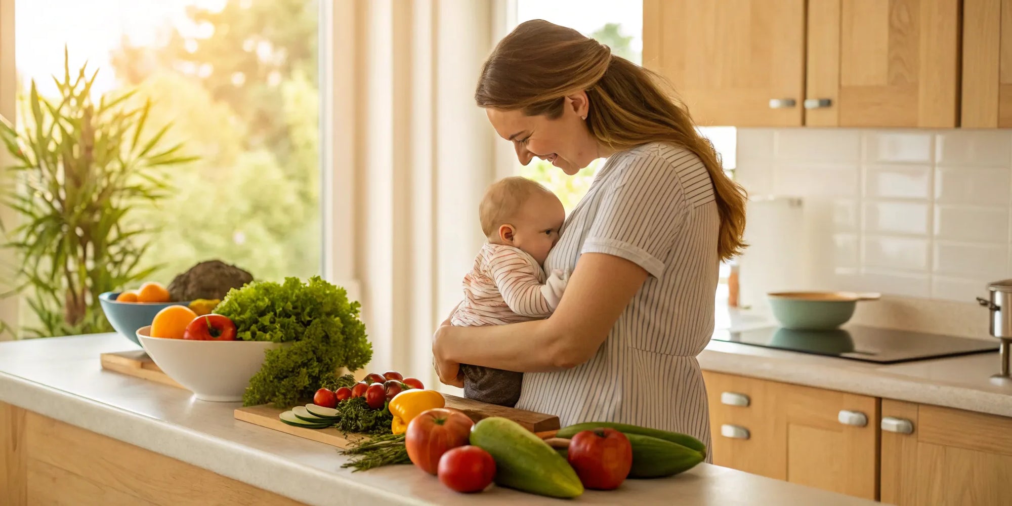 A parent holding their baby in a kitchen for a guide to hypoallergenic baby formula.