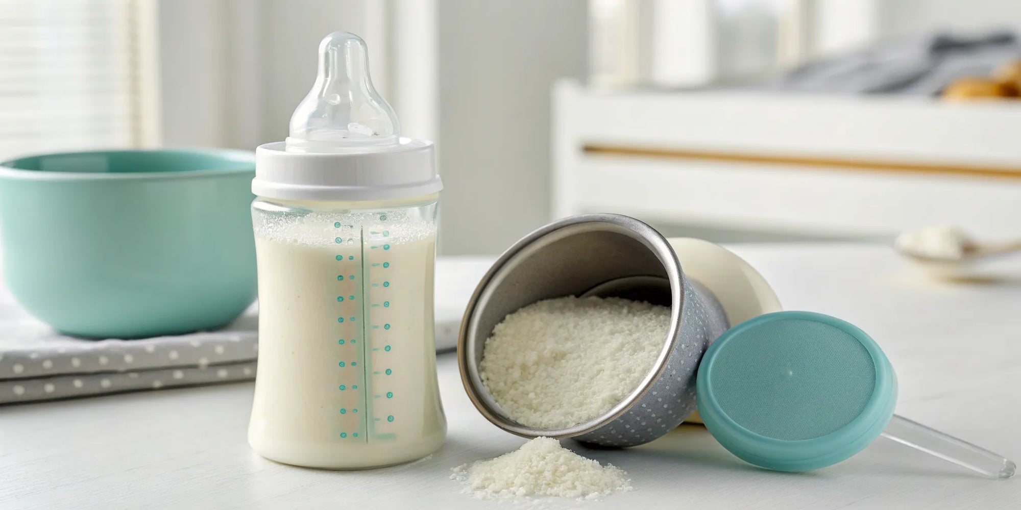 Lactose-free formula for babies in a bottle next to a container of the powder.