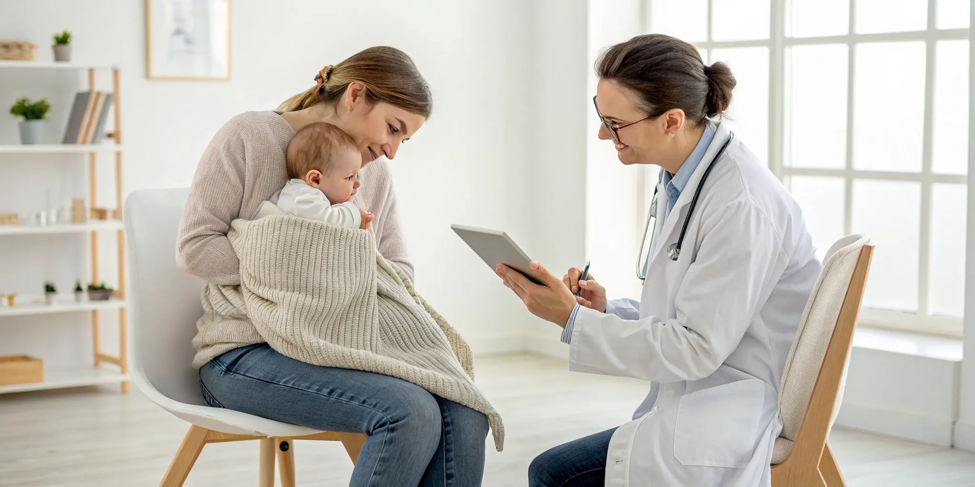 Mother discussing signs of dairy intolerance in her baby with a pediatrician.