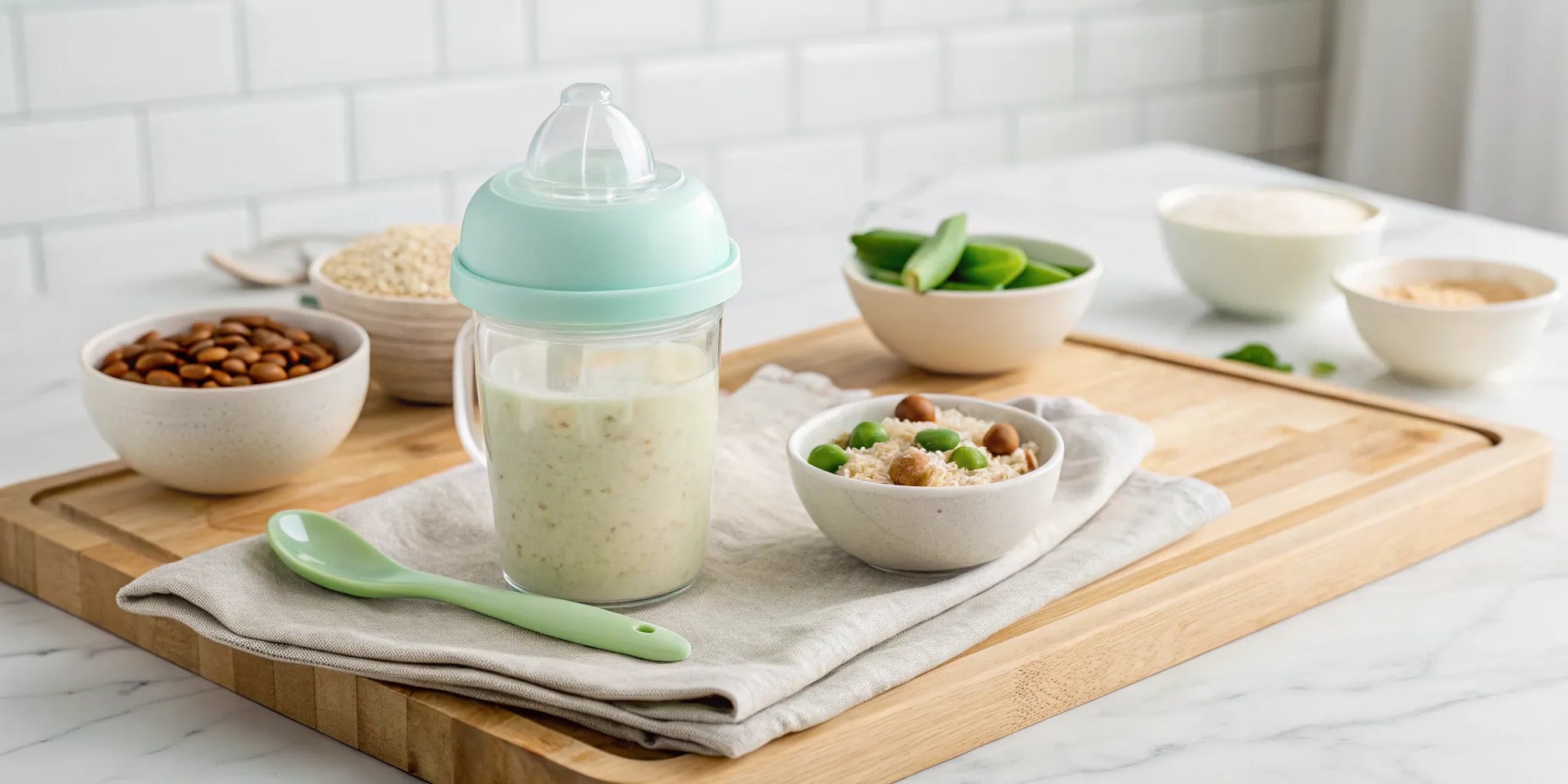 Soy and dairy free toddler drink in a sippy cup with whole food, plant-based ingredients.