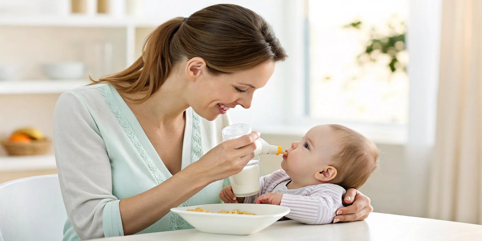 A mother bottle-feeds her baby, a key step in weaning off formula.