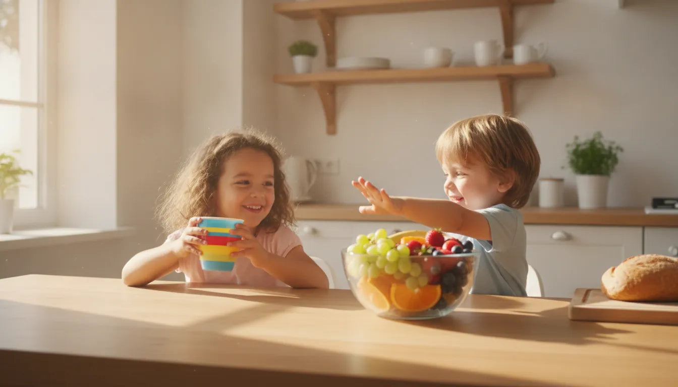 Two young children sitting at a bright kitchen table, one drinking from a colorful cup and the other reaching for fruit