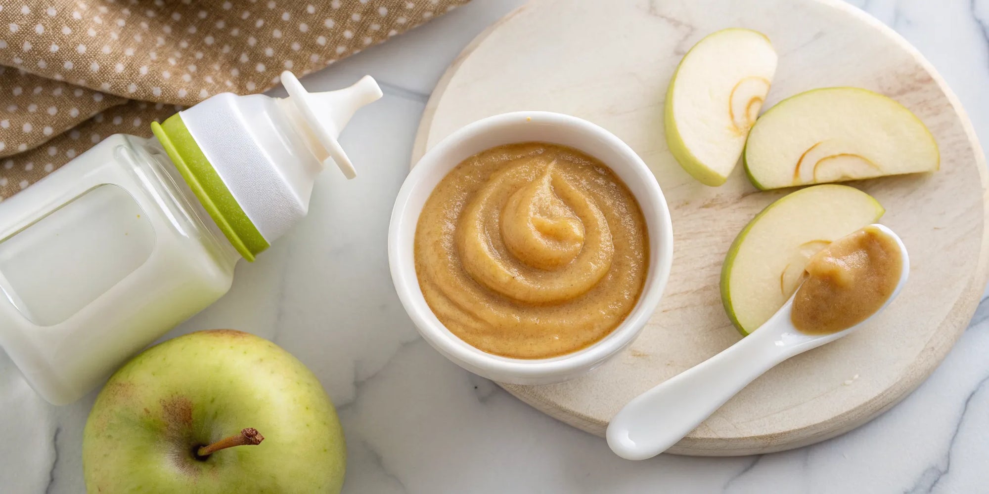 A baby bowl of smooth apple puree mixed with formula milk, with an apple and spoon nearby.