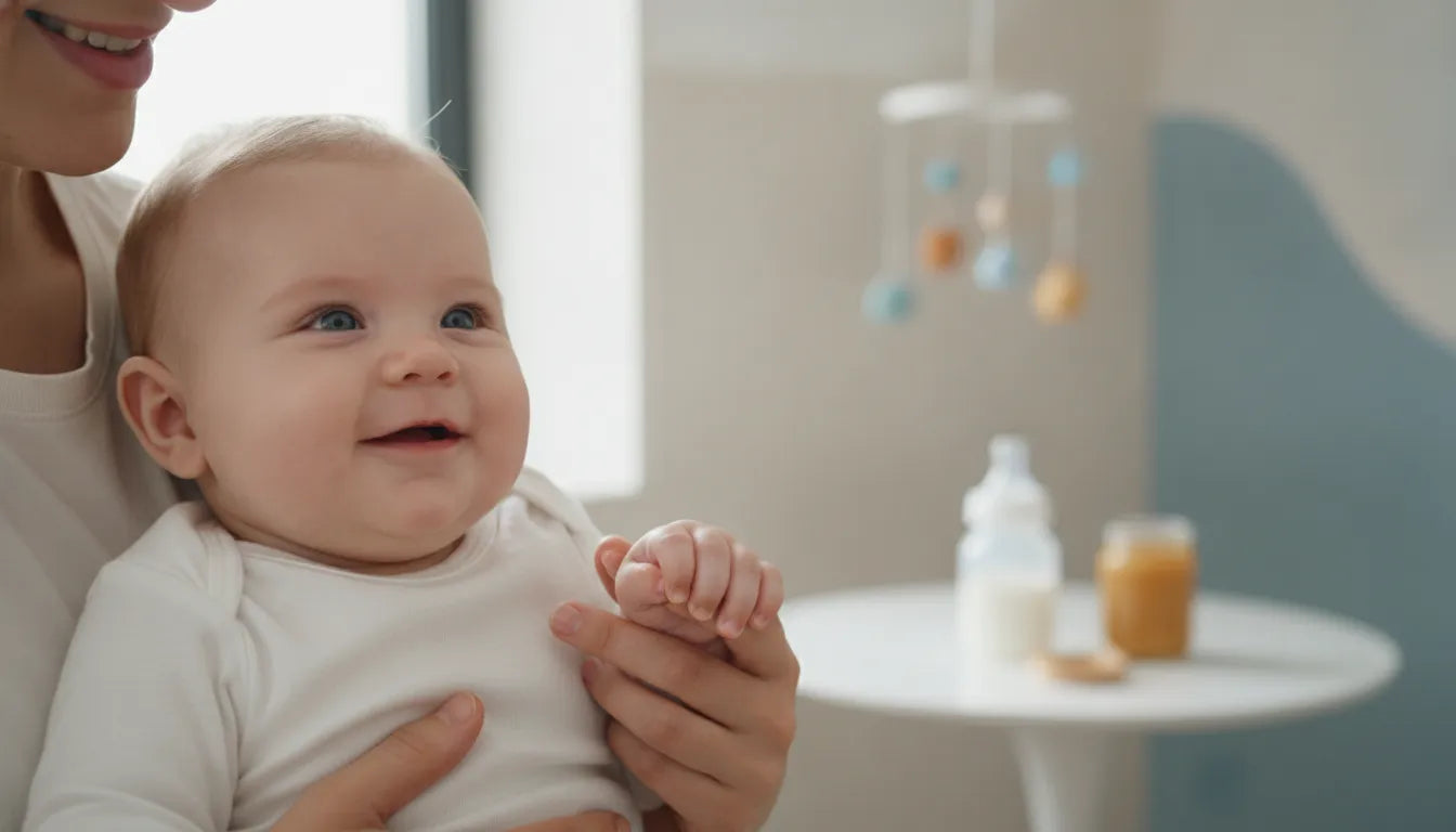 Happy baby with healthy skin held by a parent
