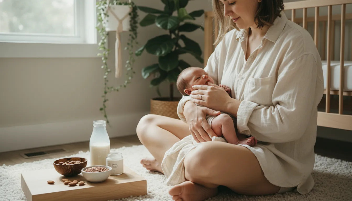 Parent holding baby while comparing baby eczema formula options
