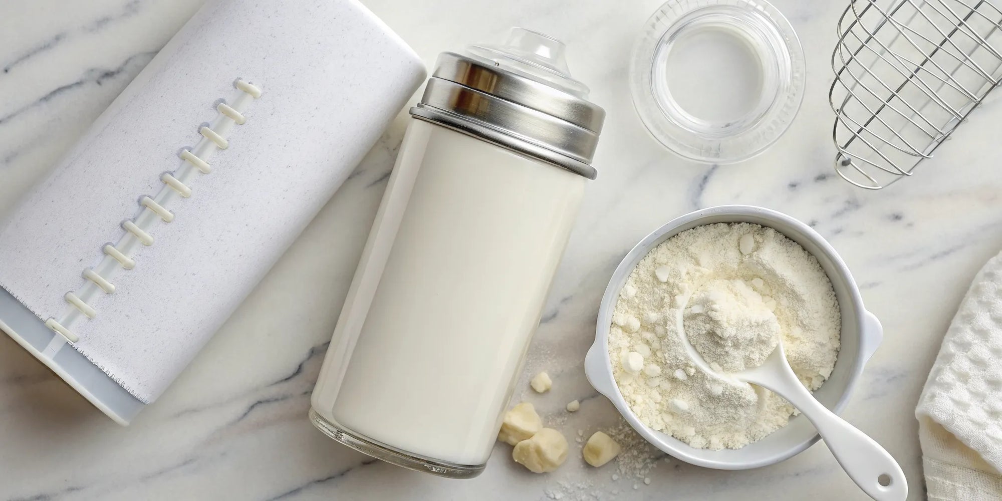 Baby formula feeding guide essentials with powder, a spoon, and a prepared baby bottle.