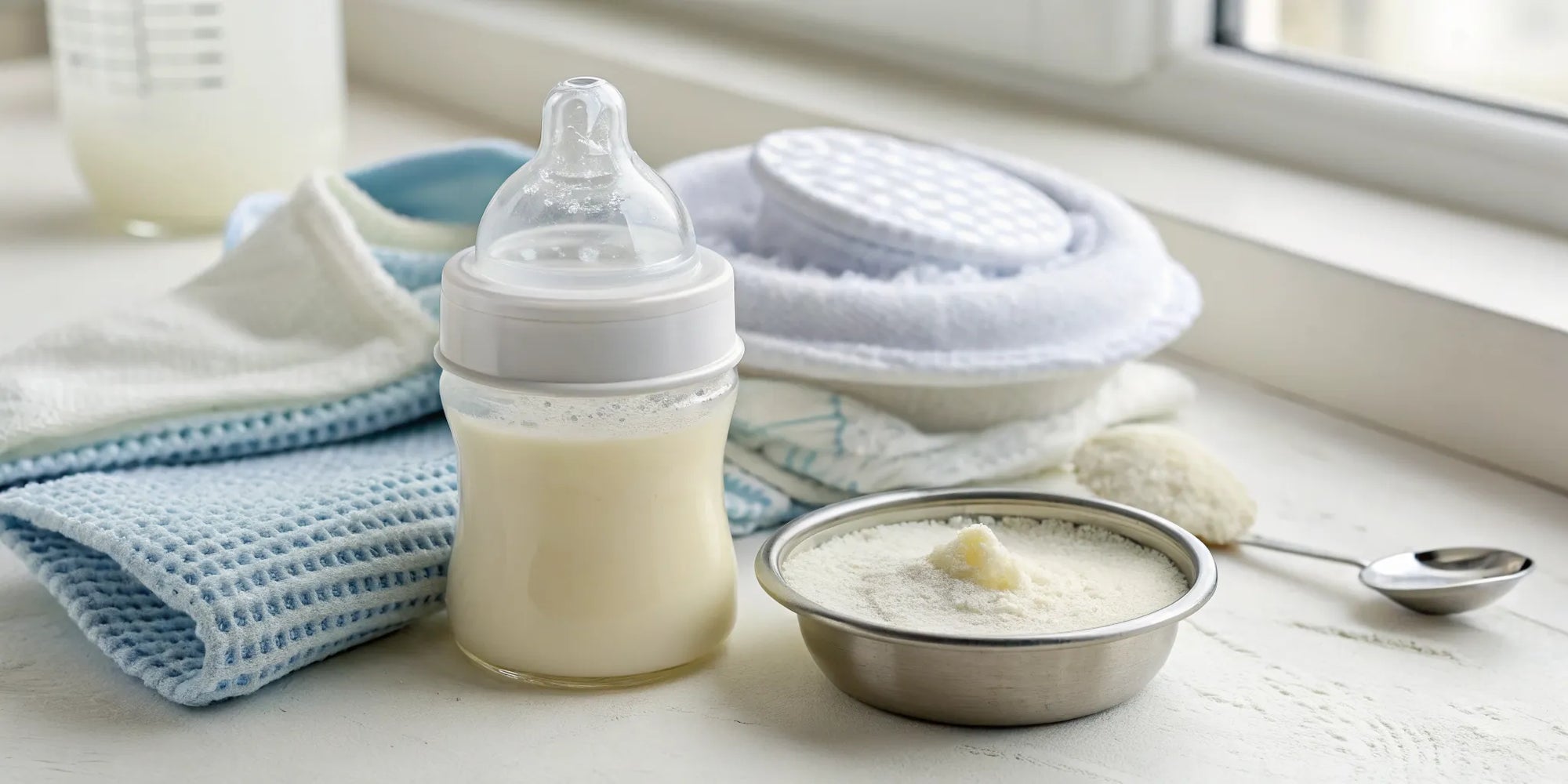 Specialized baby formula for premature babies with a bottle and scoop.