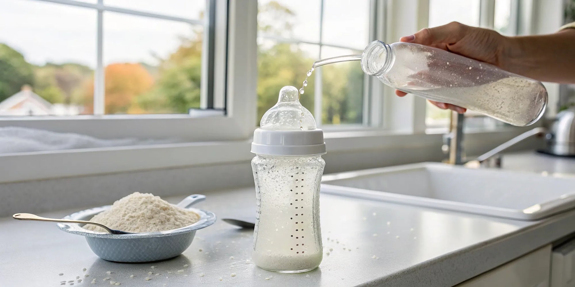 A person pouring water into a bottle, following baby formula mixing instructions.