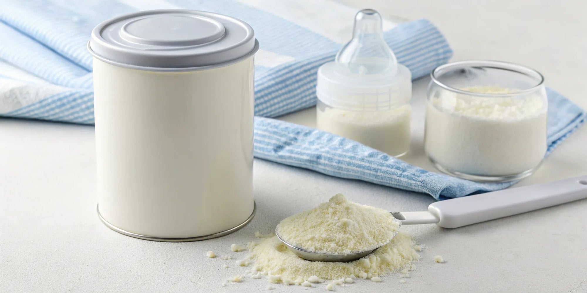 Baby formula powder and a prepared bottle, a source of complete nutrition for a baby.