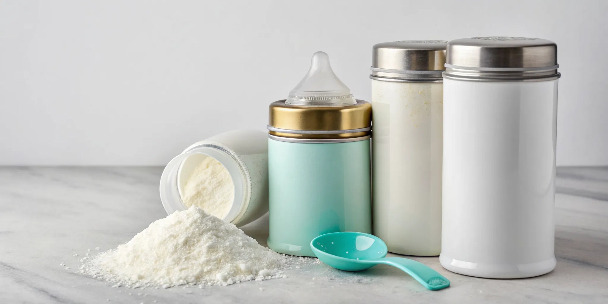 Baby formula powder and bottles on a counter, used to compare baby formula price.