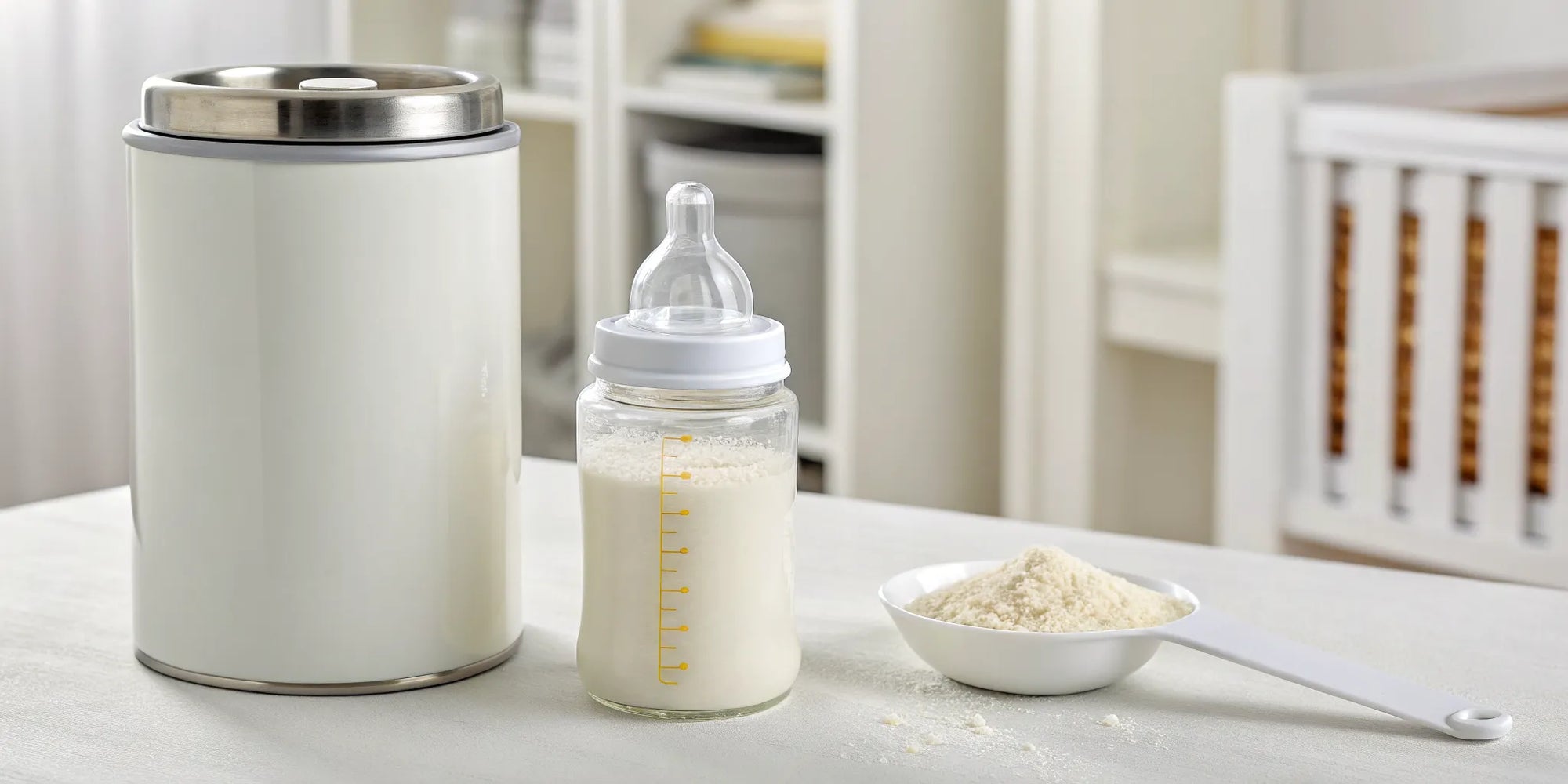 A can of baby formula and a prepared bottle, subject to safety regulations for infant health.
