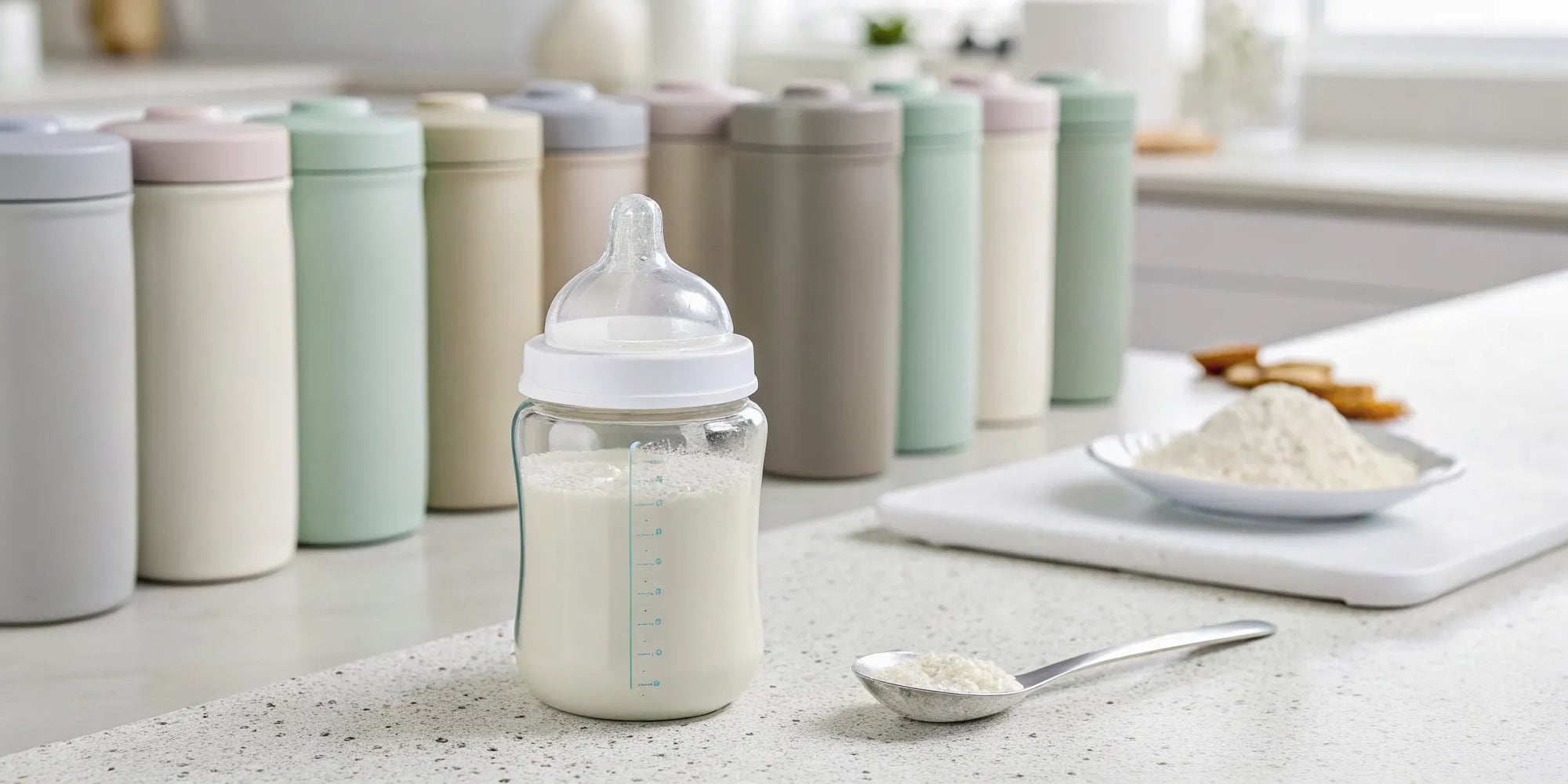 A bottle of baby formula and a scoop of powder for a review of the best formulas.
