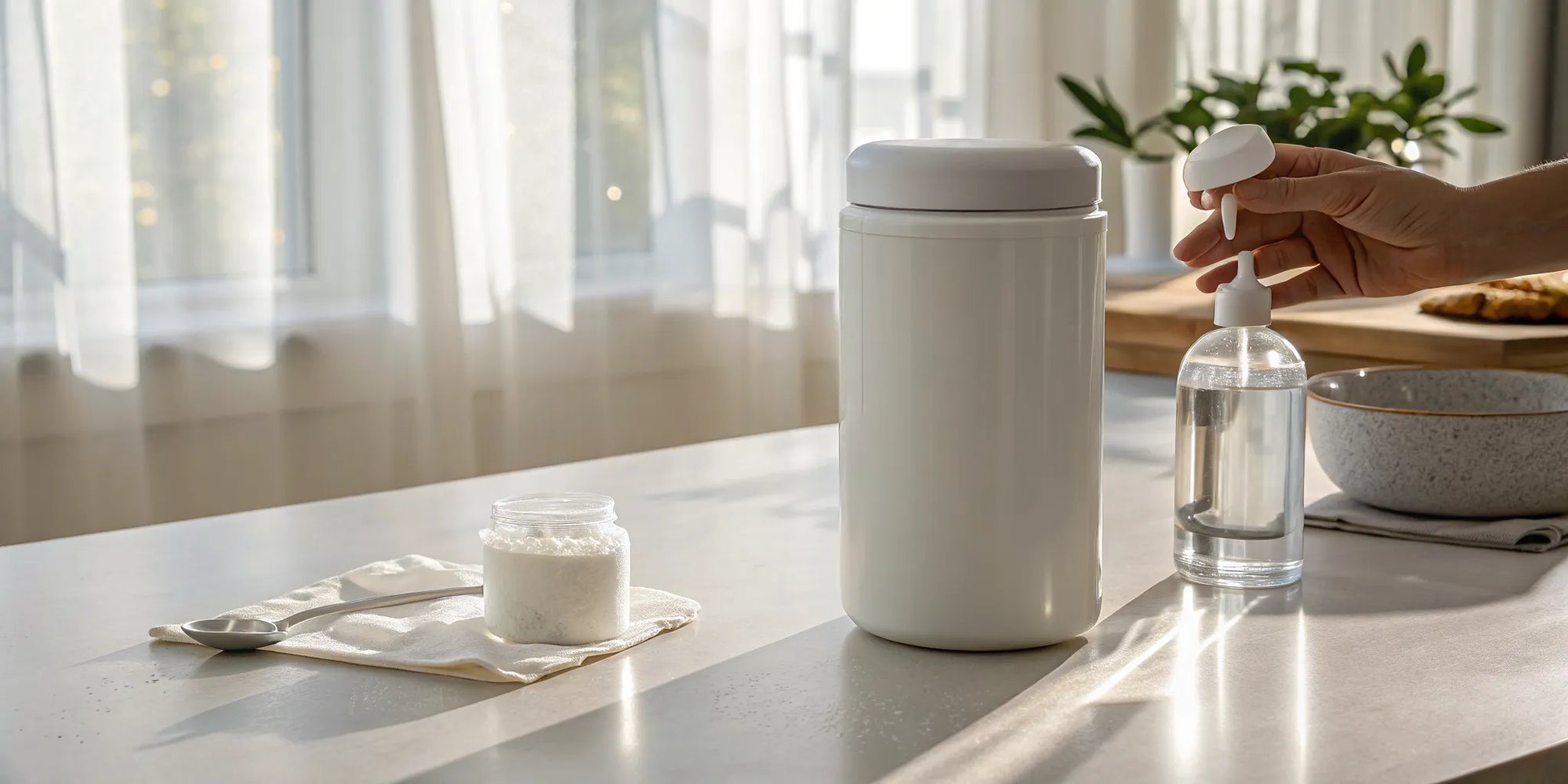 Safe baby formula preparation using a clean counter, powder, and a bottle of water.