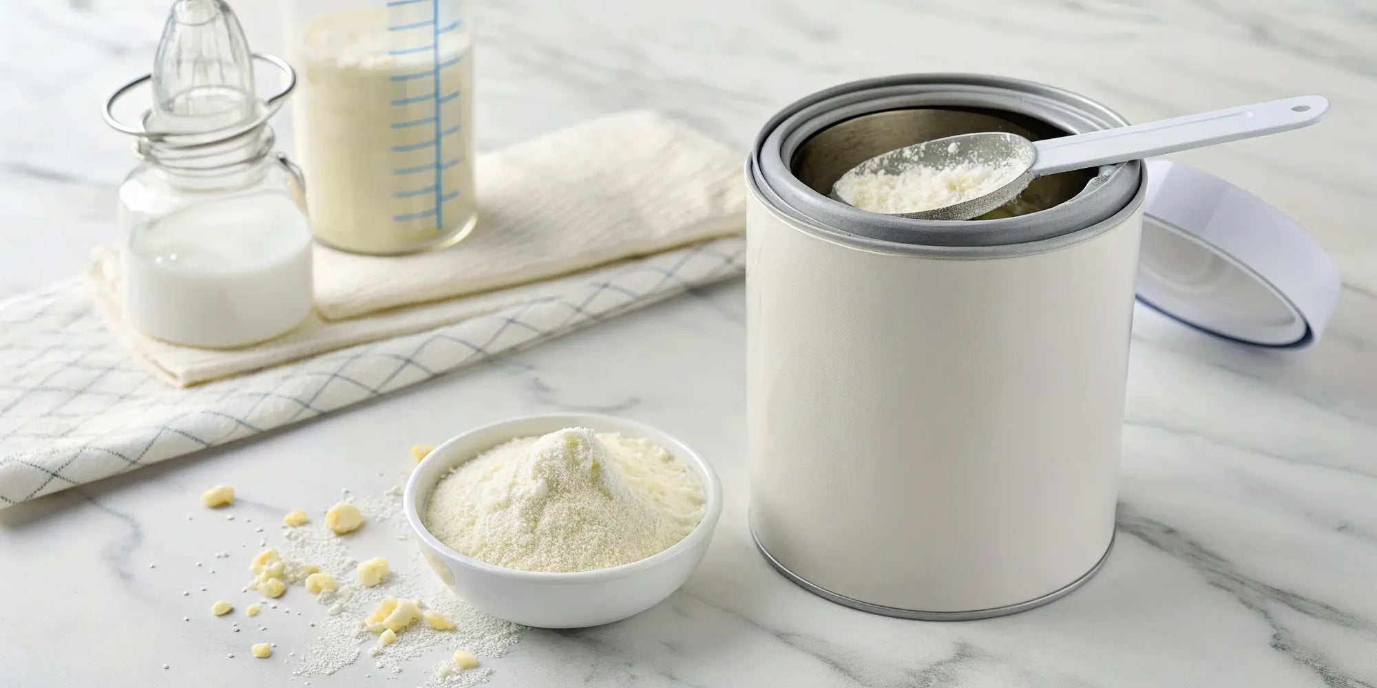 Iron-fortified baby formula in a canister with a scoop and prepared bowl.