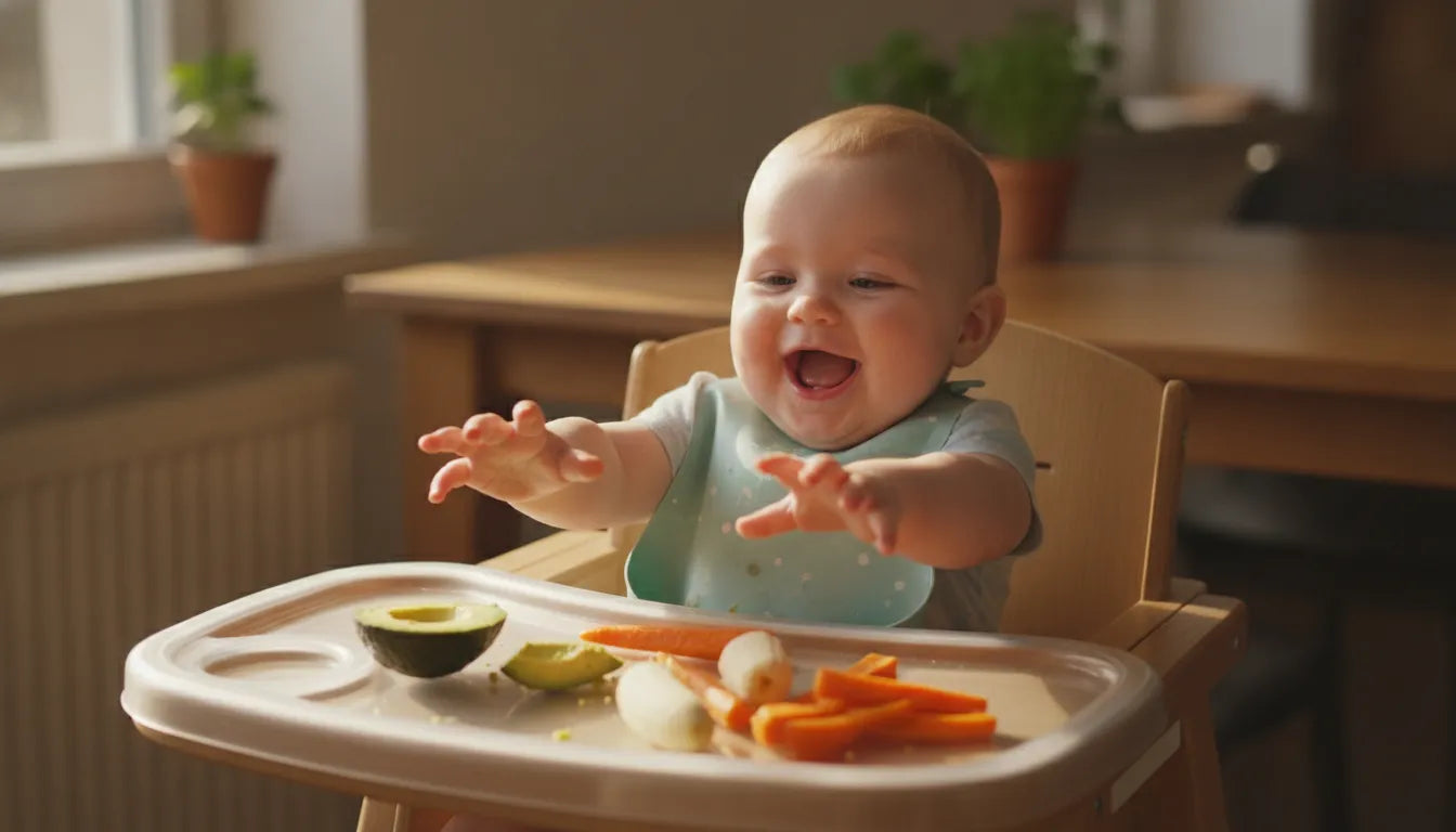 Baby reaching for soft plant-based finger foods like avocado wedges and sweet potato spears on a high chair tray