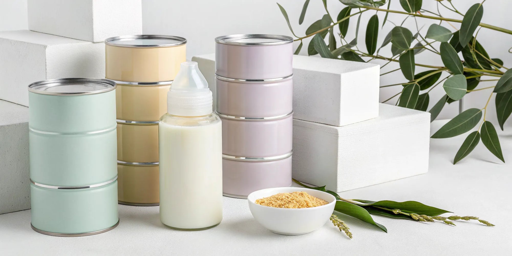 Several different baby formula brands with a prepared bottle and a scoop of formula.