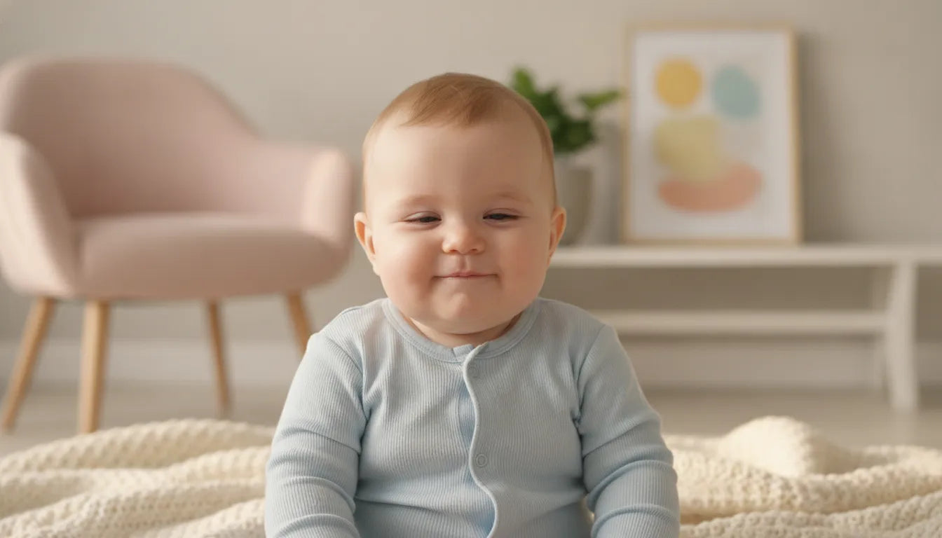 Happy content baby after feeding, sitting on soft blanket