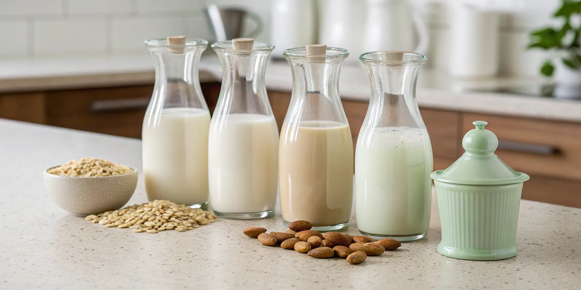 Glass bottles of oat, almond, and other milk alternatives for toddlers with dairy sensitivity.