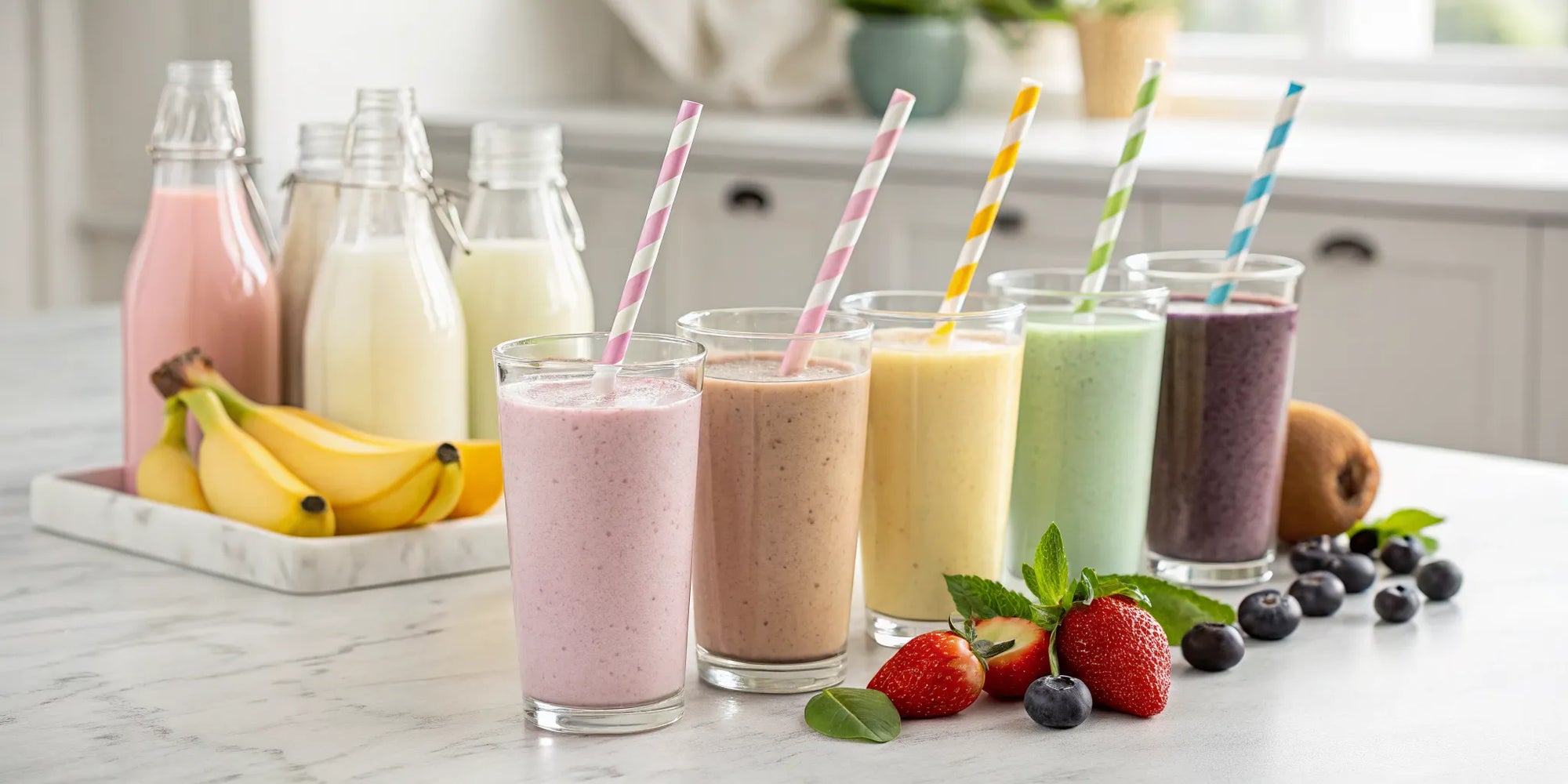 Best protein shakes for kids served in colorful glasses with fresh fruit.