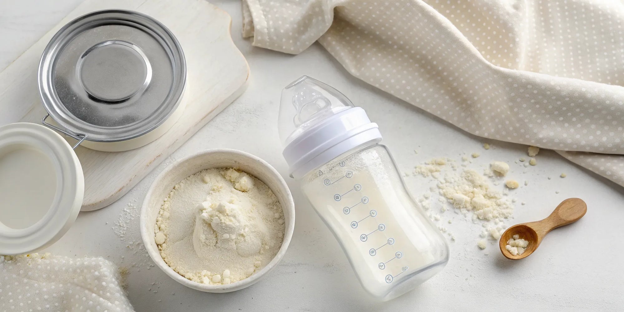 A scoop of sensitive stomach baby formula powder next to a baby bottle.
